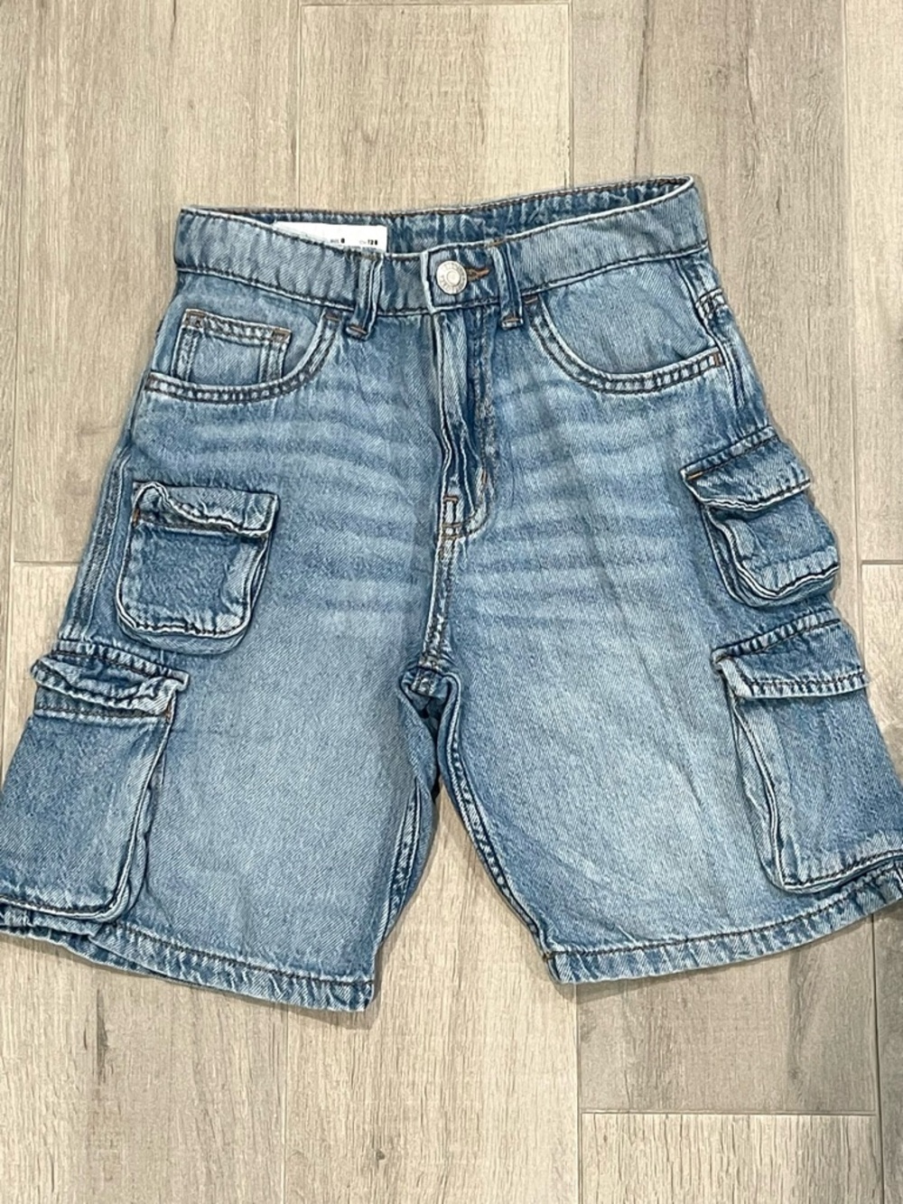 ZARA Boys Denim Cargo Shorts Light Wash Blue Size 8 Utility Pocket Casual